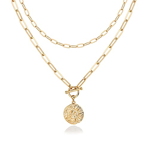 PAVOI 14K Gold Plated Layering Necklaces | Stylish Minimalist Design Pendant Necklaces | Bar, Circle, Lotus, Disc, Dog Tag, Horizontal Bar Pendants for Women - style: Sun & Lock