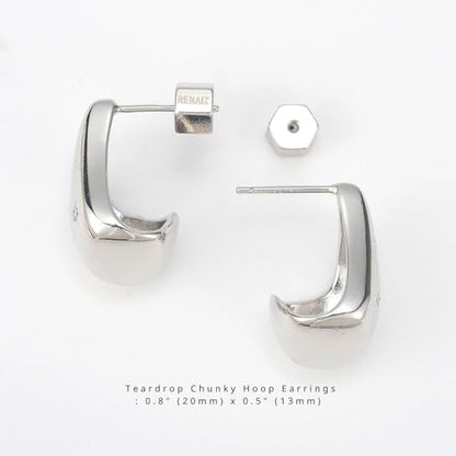 RENAIZ Bold Statement Hoop & Stud Earrings for Women – 14K Gold & Rhodium Plated Maximalist Jewelry, Chunky Geometric Boho Earrings, Hypoallergenic Non-Tarnish Trendy Gift - color: White Gold, style: Teardrop