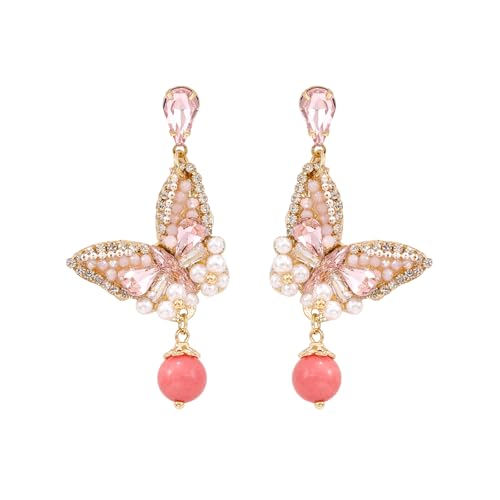 Fringe Dangling Tassel Earrings for Women, Handcrafted Chandelier Long Bohemian Beaded Cubic Zirconia Crystal Imitation Pearls Inlay Statement Boho Chain Hook Earrings for Wedding Party - color: Pink White Drop