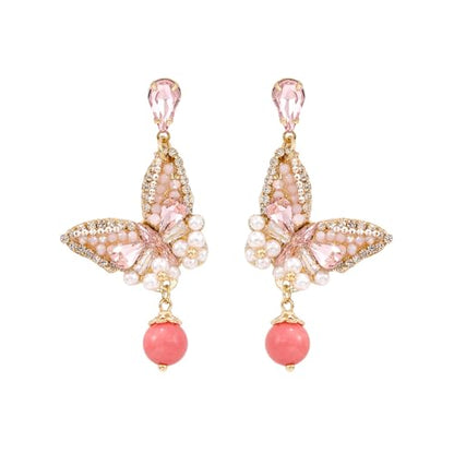 Fringe Dangling Tassel Earrings for Women, Handcrafted Chandelier Long Bohemian Beaded Cubic Zirconia Crystal Imitation Pearls Inlay Statement Boho Chain Hook Earrings for Wedding Party - color: Pink White Drop