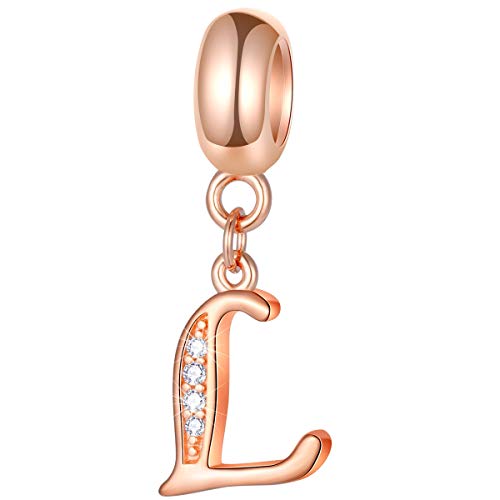 EMOSTAR Letter Charms Initial A-Z Alphabet Beads, Rose Gold 925 Sterling Silver Dangle CZ Birthstone Pendant, Gifts for European Charm Bracelet/Mothers Day/Birthday - color: Letter L