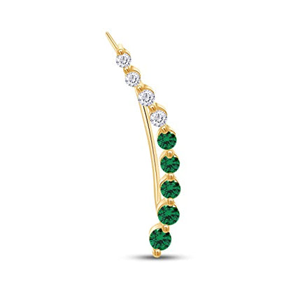 Floating Curved Bar One Piece Left Ear Crawler Earrings With Birthstone | White CZ In 14K Yellow Gold Over Sterling Silver - color: Simulated Emerald