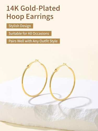 FindChic Thin Hoop Earrings for Women,Silver/Black/Gold Plated 20-100mm - color: Gold, size: 40mm