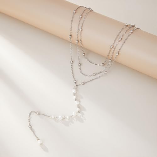 Trendy Gold Layered Small Beaded Pearl Long Tassel Lariat Y Necklaces for Women, Dainty Beads Pearls Drop Necklace Statement Charm Party Jewelry Gift - color: Silver
