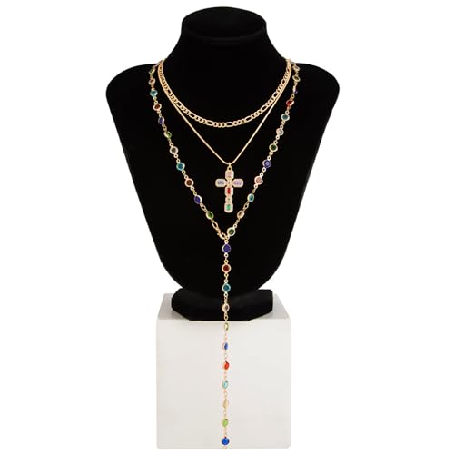 Layered Cross Necklace Set for Women, Layered Choker Necklaces Trendy Jewelry, Colorful Enamel Beaded Y-Shaped Lariat Necklace, Boho Multilayer Cross Necklace for Party and Daily Wear - color: Gold-08