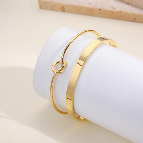 Gold Bangle Bracelets for Women Non Tarnish, 18k Gold Bracelet Stack Layered Chunky Cuff Bracelet Knot Cross Bowknot Bracelets Trendy Jewelry Set for Women Gifts - color: S03
