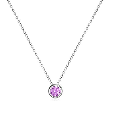 925 Sterling Silver Solitaire Cubic Zirconia Necklace for Women Teen Girls - color: October - Pink
