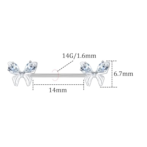VERAMI 14G Stainless Steel Heart Nipple Rings and Barbell - Butterfly, Starlight Acrylic Ball, Tongue Rings for Women and Men - color: Silver butterfly