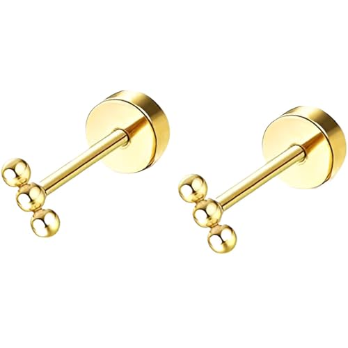 Stainless Steel Stud Earring 1 Pair Gold Flatback Earrings Hypoallergenic Screwback Jewellery Flat Back Helix Jewelry for Sensitive Ears Women Ladies Aretes De Mujer - style: 3-Ball