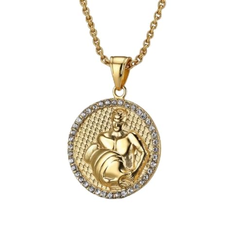 HIJONES Men's Women's Stainless Steel Zodiac Coin Embossed Necklace CZ Astrology Horoscope Pendant Necklace - color: Gold Aquarius