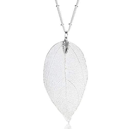Filigree Long Leaf Pendant Dangle Necklace and Earring Jewelry Set | Beautiful Fashion Delicate Long Leaf Necklace Earrings For Women Trendy Boho - color: F-White Gold Neckalce