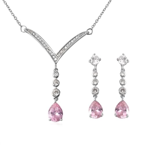 SHOP LC DELIVERING JOY Bridesmaid Pink Jewelry Set for Women Earrings Necklace Cubic Zirconia CZ Platinum Plated Wedding Women 18" Birthday Gifts