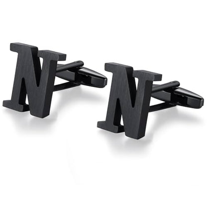 HONEY BEAR Initial Letter Cufflinks for Men Wedding Business | Personalized, Tarnish-Resistant, Steel-Plated Copper Base, Gift Box, for Groomsmen, Father, Husband, Anniversary - style: N Black