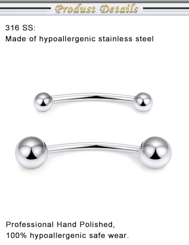 Snake Eyes Piercing Jewelry Tongue Surgical Steel Frog Eyes Tongue Rings 16G 14G Eyebrow Piercing Curbed Barbell Vertical Labret Lip Jewelry Bridge Piercings for Women Men 10mm/12mm/14mm/16mm - color: 16g,silvertone