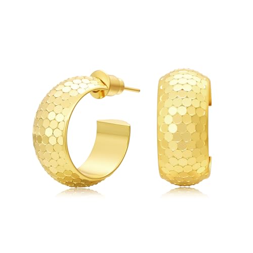 Small Hoop Earrings for Women Wide Half Huggie Hoops Chunky Hoop Earrings 18K Real Gold Plated 925 Sterling Silver Hammered Hypoallergenic Lightweight - color: QIHP-01-Gold
