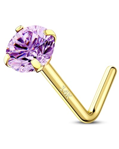14K Real Gold Nose Studs 20G Nose Rings Studs L Shaped Nose Rings for Women Men Diamond CZ Nose Piercing - color: Yellow Gold-Round PPCZ