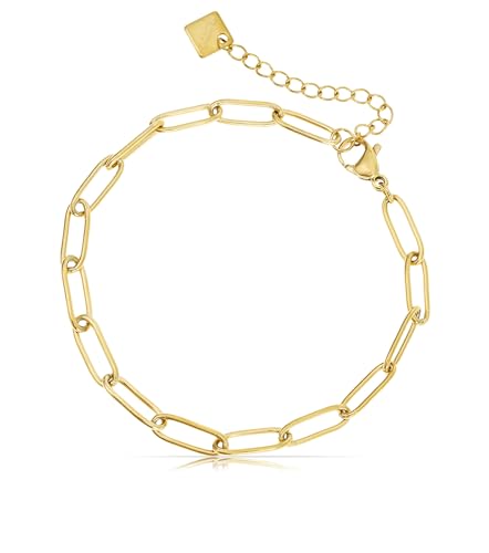 Made by Nami Gold Paperclip Chain Bracelet for Women Stainless Steel Adjustable Link Chain Jewelry Dainty Layering Bracelet for Everyday Wear and Gifts