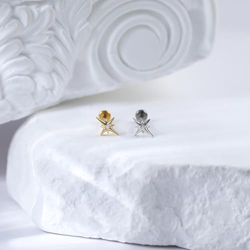 Flat Back Stud Cartilage Earrings Tragus Helix Piercing Jewelry Titanium | Conch Nose Piercing,Small Tiny Studs for Women,Threadless/Internally Threaded,Surgical Steel,Hypoallergenic,16G/18G/20G - color: Gold02-Starburst (6mm*1+8mm*1), size: Internally Th