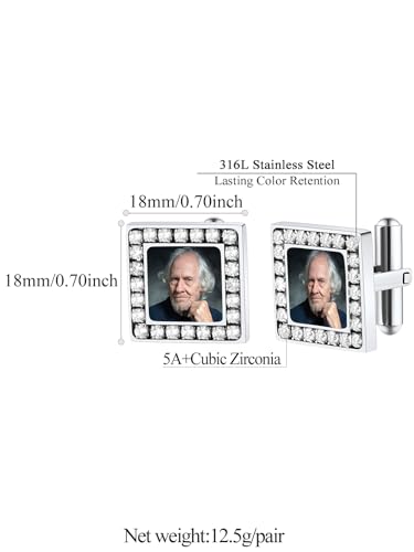 FindChic Stainless Steel Round Cufflinks with Custom Text/Picture/Monogram Letters 18K Gold Plated/Black Color for Men Groom Suits Shirts, with Gift Box - style: 02. CZ custom photo-square (stainless steel)
