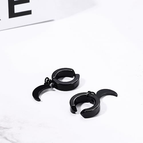 Black Hinged Earrings Hoop-Clip On Moon Dangle Hoops-Stainless Steel Punk Earrings Jewelry for Women Men - color: Black
