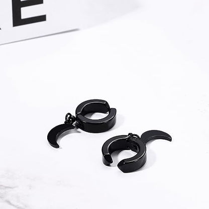 Black Hinged Earrings Hoop-Clip On Moon Dangle Hoops-Stainless Steel Punk Earrings Jewelry for Women Men - color: Black