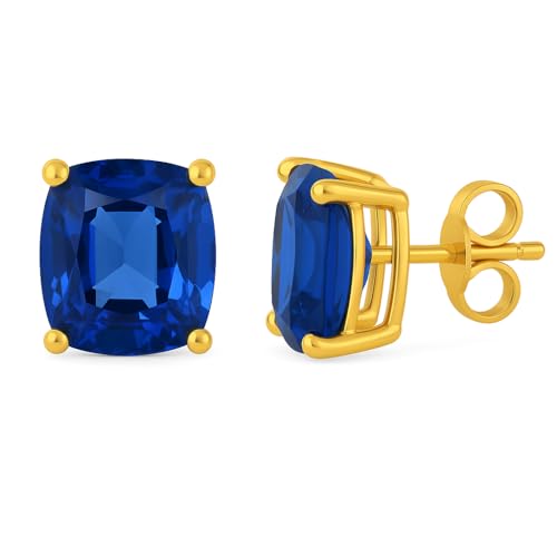 Women's 18K Gold Plated 8x10mm Princess Cut Gemstone Stud Earrings – Birthstone Jewelry for Her – Classic Cushion Studs - color: Blue Sapphire