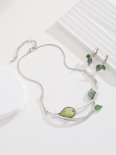 Chunky Statement Jewelry Set Vintage Retro Leaf Flower Floral Geometric Bohemian Boho Bib Necklace Earring Set Fashion Costume Jewelry for Women Girls Wedding Party Prom Unique Gift - style: 3 leaves jewelry set-green