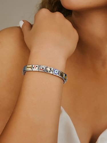 Stainless Steel Italian Charm Bracelet, 18 Link Starter Bracelet 9mm Charms | Italian Charm Bracelet with 9Pcs/20Pcs Charms and Opening Tools, Classic 9mm Modular Charm, Personalized Jewelry Gift - color: D-Silver
