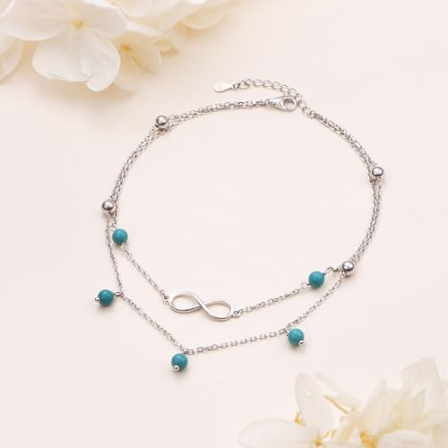 Flyow Anklet for Women S925 Sterling Silver Adjustable Foot Beaded Heart Charm Ankle Bracelet Anklets Jewelry - style: Turquoise infinity