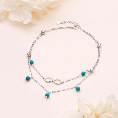 Flyow Anklet for Women S925 Sterling Silver Adjustable Foot Beaded Heart Charm Ankle Bracelet Anklets Jewelry - style: Turquoise infinity