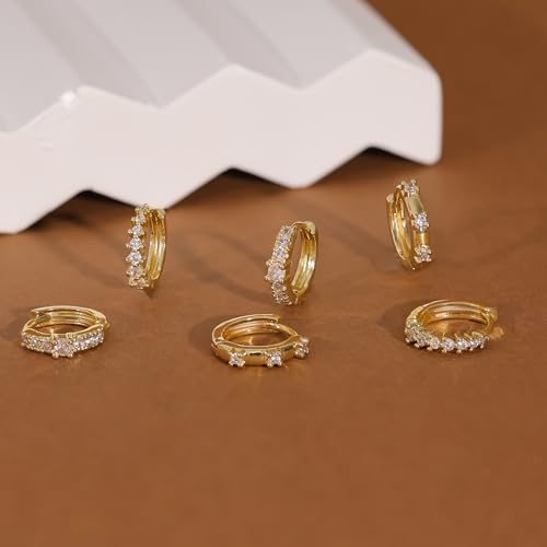 CZ Huggie Earrings for Women, Dainty Gold Earring Stacks 14K Gold Plated Small Huggie Hoop Earrings for Women Trendy Hypoallergenic Cute Unique Gold Earrings Set Fashion Gold Womens Jewelry - color: Gold-set3