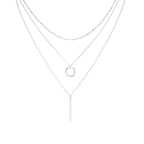Stackable Silver Plated Layered Choker Necklaces for Women | Stacked Stacking Layering Dainty Silver Plated Necklace, Beach Circle Paperclip Pendant Chain Necklaces Trendy, Jewelry Set - color: 3PCS / Bar & Twisted Circle & Wave - Silver