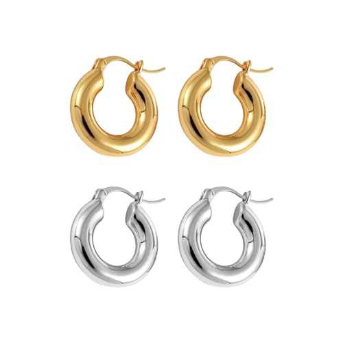 2 Pairs Gold/Silver Hoop Earrings For Women Set Trendy,14K Plated Gold Chunky Huggie Hoop Earings Pack,Oval Twisted Statement Silver Hoops,Fashion Jewelry Gift - color: 14) 20mm chunky hoop