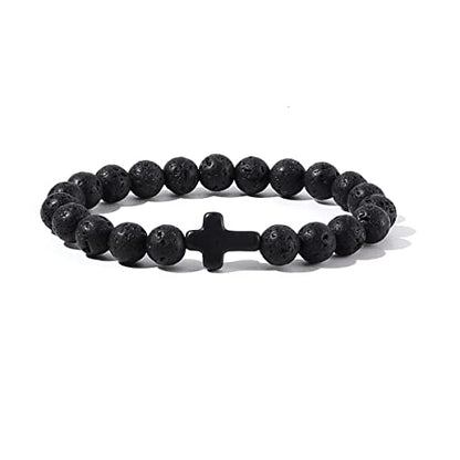 8MM Ornament Lava Volcanic Stone Beads Turquoise Cross Elastic Stretch Bracelet Religion Bangle for Women Men - color: 3 colors