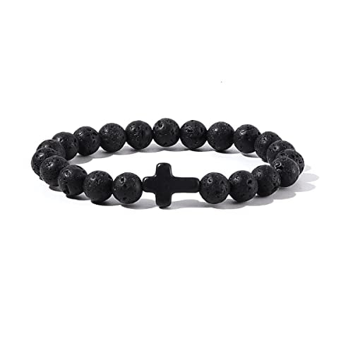 8MM Ornament Lava Volcanic Stone Beads Turquoise Cross Elastic Stretch Bracelet Religion Bangle for Women Men - color: Black