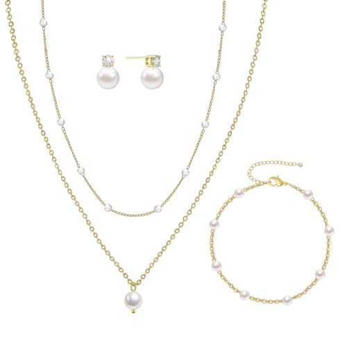 DIBOLA Gold Jewelry Set for Women, Dainty Layered 14K Gold/Silver Pearl Choker Necklaces and Earring Set Pearl Earrings Bracelets Wedding Bride Jewelry - color: cz pearl earrings jewelry set-gold