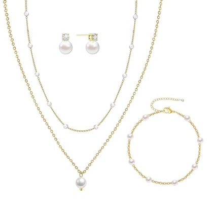 DIBOLA Gold Jewelry Set for Women, Dainty Layered 14K Gold/Silver Pearl Choker Necklaces and Earring Set Pearl Earrings Bracelets Wedding Bride Jewelry - color: cz pearl earrings jewelry set-gold