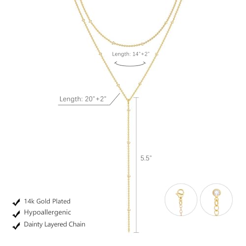 LULII Gold Necklace for Women Trendy Lariat Y Necklace Dainty 14k Gold Plated/Silver Long Necklaces for Women Layered Beaded Drop Necklaces Simple Y-Shaped Chain Jewelry Gifts - color: Y Small Layered Necklace-Gold