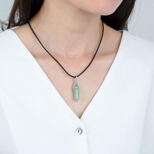 Adabele 1pc Natural Gemstone Bullet Pendant Necklace 18 Inch Crystal Stone Quartz Reiki Chakra Energy Rock PU Leather Cord Necklace Waterproof Women Jewelry - color: Green aventurine