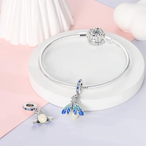 Hapour 925 Sterling Silver Charms for Bracelet Necklace Dangle Pendant Bead | Bear Charm, Elephant Zebra Cat Dream catcher Family Birthday European Jewelry Charm, For Women Mom - color: Blue Glow-in-the-dark Fireflies