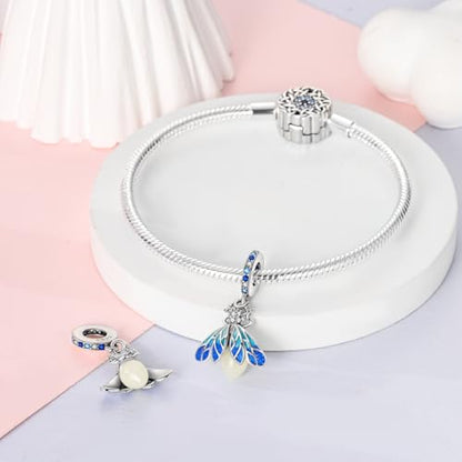 Hapour 925 Sterling Silver Charms for Bracelet Necklace Dangle Pendant Bead | Bear Charm, Elephant Zebra Cat Dream catcher Family Birthday European Jewelry Charm, For Women Mom - color: Blue Glow-in-the-dark Fireflies