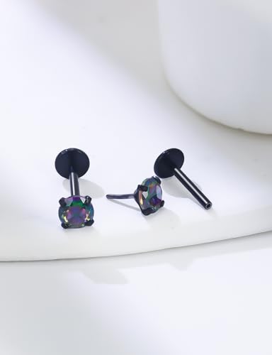 20G 18G 16G Threadless Nose Rings Studs Flat Back Earrings Surgical Stainless Steel CZ Nose Rings Stud Tragus Helix Conch Cartilage Earrings Stud Piercing Jewelry For Women Men Hypoallergenic - color: Black-Rainbow CZ, size: 16 Gauge-7mm Bar-4mm CZ