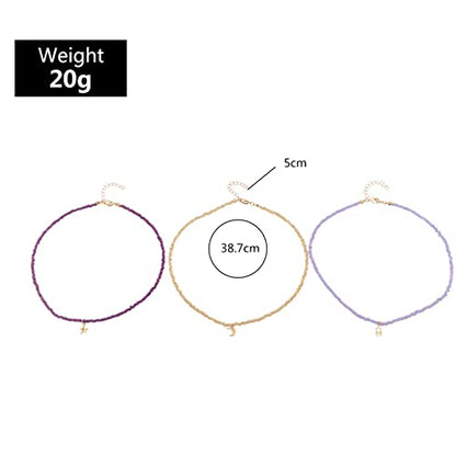 Handmade Multilayered Rainbow Colorful Beads Link Chain Moon Star Butterfly Pendant Choker Necklace Friendship Creative Beach Costume Jewelry for Women - color: Purple