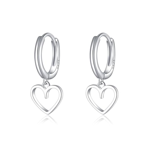 Reffeer Solid 925 Sterling Silver Heart Drop Earrings Hoop for Women Teens Heart Hoop Earrings Huggie Drop Earrings - color: A-Silver