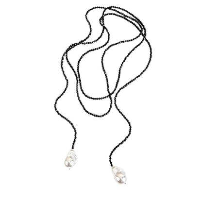Chunky Puffy Heart Layered Gold Choker & Green Beaded Lariat Necklace with Baroque Pearl Drops, Adjustable Wrap Y Style Bohemian Jewelry Fashion Accessory for Women Gifts - color: black