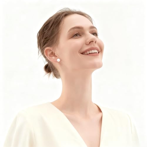 White Faux Pearl Stud Earrings, S925 Silver Posts Hypoallergenic for Women - color: Pinkish White, size: 10mm