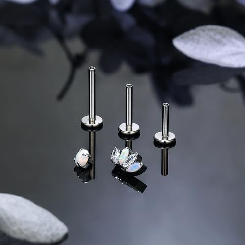 Titanium Flat Back Lip Rings Internally Threaded Earrings Studs Nose Rings 16G Opal CZ Tragus Cartilage Lobe Rook Helix Conch Labret Medusa Piercing Jewelry for Women Men W Piercing Taper Set - style: Four Opal & CZ