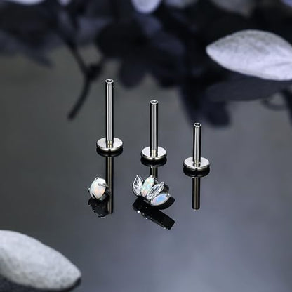 Titanium Flat Back Lip Rings Internally Threaded Earrings Studs Nose Rings 16G Opal CZ Tragus Cartilage Lobe Rook Helix Conch Labret Medusa Piercing Jewelry for Women Men W Piercing Taper Set - style: Four Opal & CZ