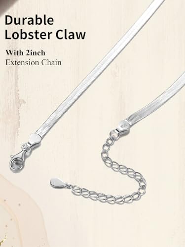 ChainsHouse Flat Snake Chain Herringbone Choker Necklace for Women, Stainless Steel/Rose Gold/18K Gold Plated Dainty Adjustable Simple Short Layered Necklaces, 12"/15"/18" with 3.5" Extender - color: b. sterling silver-3mm