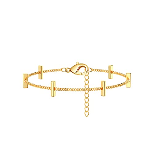 Womens Dainty Gold Chain Bracelet,Simple Layered Chain Bracelets,Beaded Turquoise Bracelet,Charm Crystal Bar,Heart,Karma,Triangle,Pearl Bracelets for Women - color: Bars